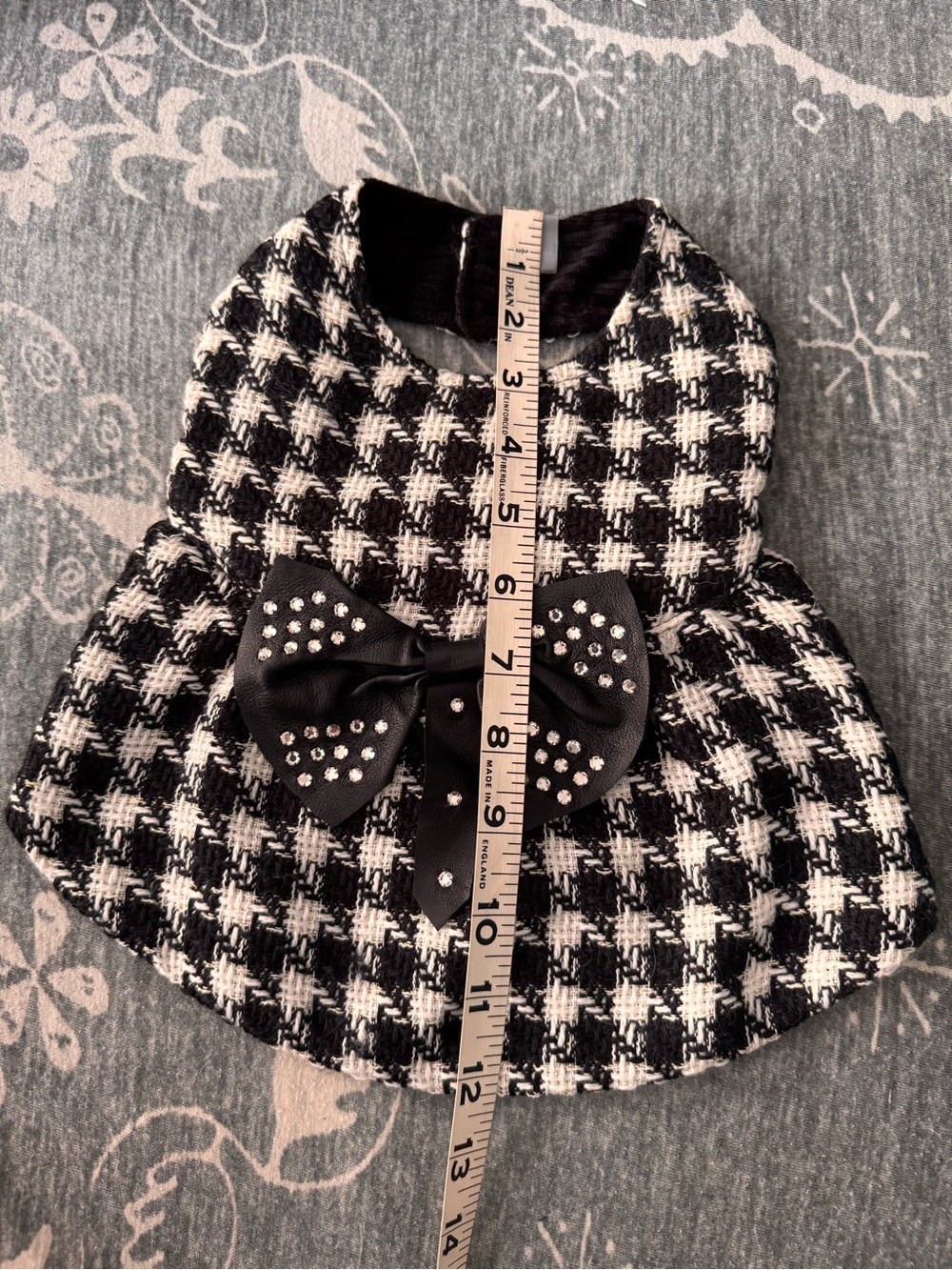 Black & White Tweed Houndstooth dog dress with Bow Accent and Curdoroy lining - Picture 9 of 9